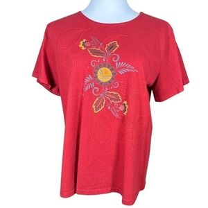 Sabaku Artwear Womens Red Floral Embroidered Cotton T-Shirt Medium Made in USA